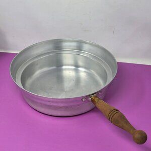 Vintage Aluminum Pan Wooden Handle Sturdy Construction Ideal Kitchen Use Display